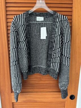 ELEVEN SIX Baby Alpaca Black & White Striped Geometric Knit Cardigan Sweater